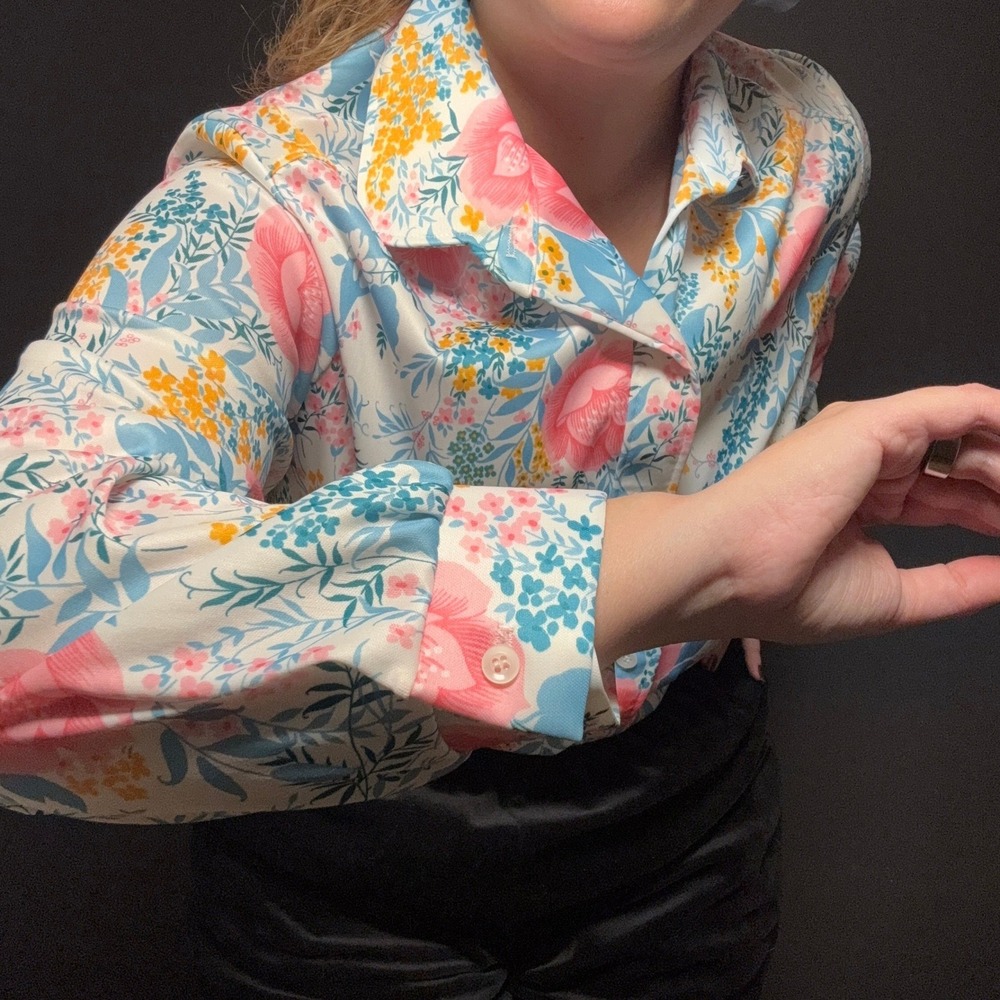 Vtg 70s Prairie Romance Floral Top Buttons Vibrant Pastel Dopamine Maximalist M - Picture 3 of 11